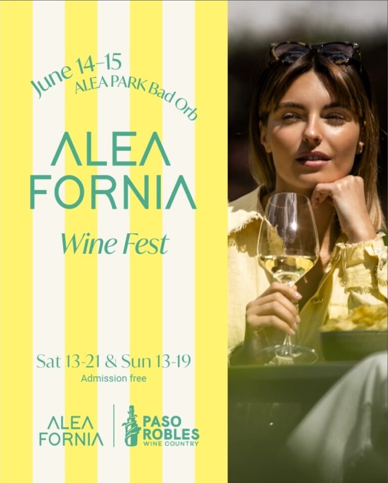 ALEA FORNIA WEINFEST IN BAD ORB Weinreise an die Westküste – mitten in Hessen // 14. & 15. Juni im ALEA PARK Bad Orb Kalifornische Vibes mitten in Bad Orb – das ALEA FORNIA Weinfest im ALEA PARK lädt zu einer genussvollen Weinreise an die Westküste ein – und das mitten in Hessen. Die Weine kommen direkt von der Paso Robles Wine Country Alliance in den USA und können Samstag (14.06) von 13 bis 21 Uhr und Sonntag (15.06) von 13 bis 19 Uhr verkostet werden. Das ALEA FORNIA Weinfest findet im neu gestalteten ALEA PARK in Bad Orb statt.